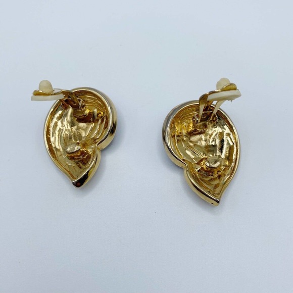 Vintage Large Gold Tone Enamel Navy White Abstract Earrings Statement Heavy 80s - Picture 4 of 6